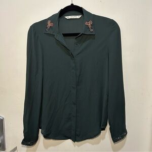 Zara Basic Dark Green Embellished Collar Button-Up Blouse Size XS